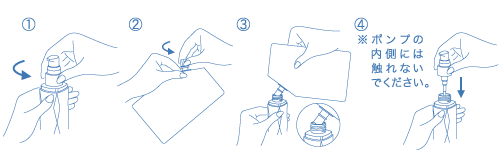 詰め替え方法イメージ図　※④の工程ではポンプの内側に触れないでください。